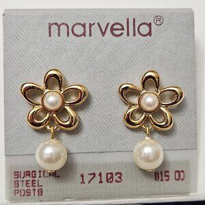 Marvella Flower Goldtone Pierced Earrings with Faux Pearls in Center/Drop Pearl